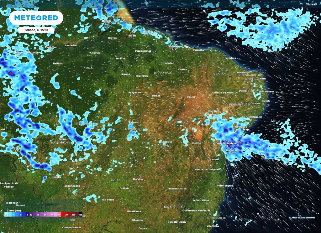 Mapa de precipitação prevista para a tarde de sábado (03).