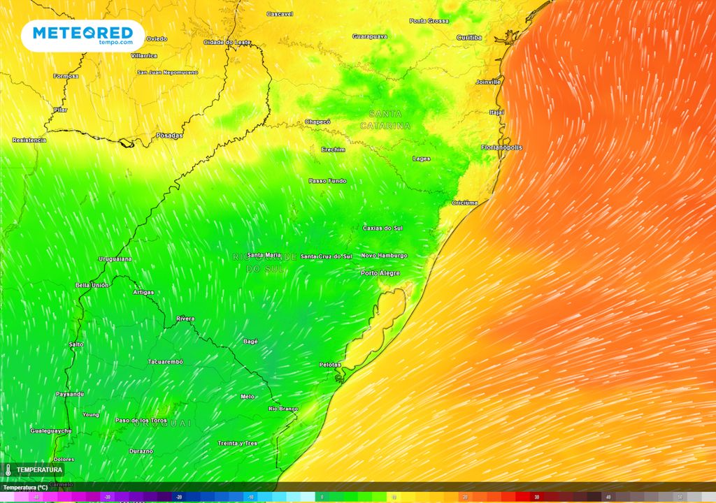 Mapa de temperaturas mínimas previstas para a madrugada de segunda-feira (17).