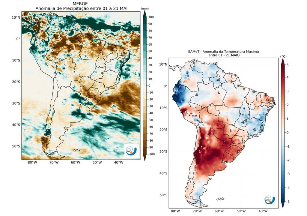 Anomalia de precipitação (esquerda) e de temperatura máxima (direita) entre 1° e 21 de maio. Créditos: CPTEC/INPE. Anomalia de precipitação (esquerda) e de temperatura máxima (direita) entre 1° e 21 de maio. Créditos: CPTEC/INPE.