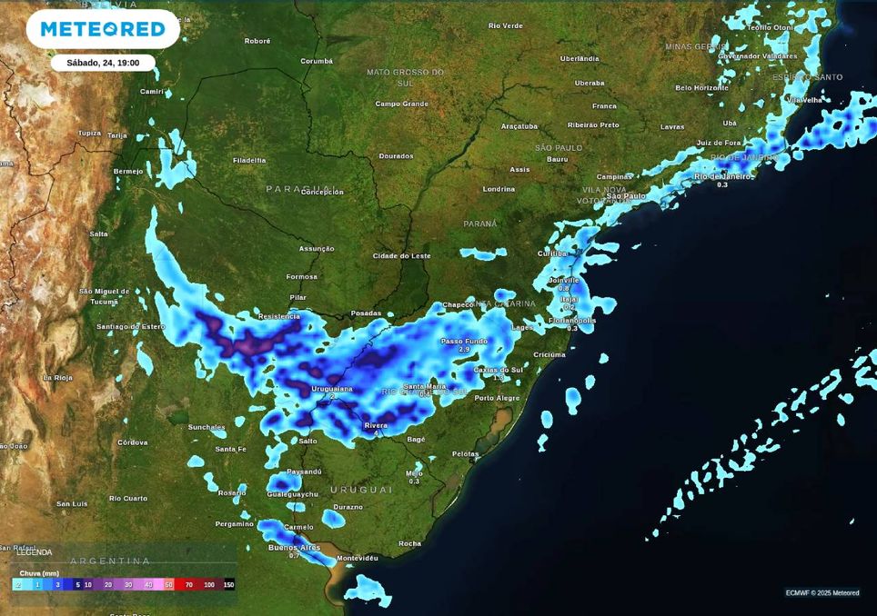 Previsão de chuva no sábado (24) sobre o Rio Grande do Sul e litoral de Santa Catarina e Paraná.