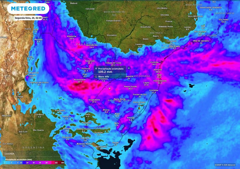 Imagem Os acumulados de precipitação até o fim do domingo podem ultrapassar os 100 mm no Rio Grande do Sul e se aproximar de 90 mm no litoral catarinense.
