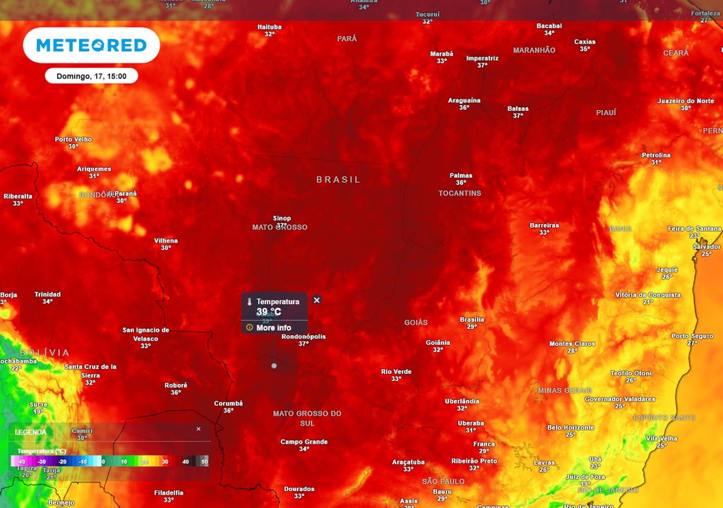 Previsão de temperaturas máximas no domingo durante a tarde. Previsão de temperaturas máximas no domingo durante a tarde.