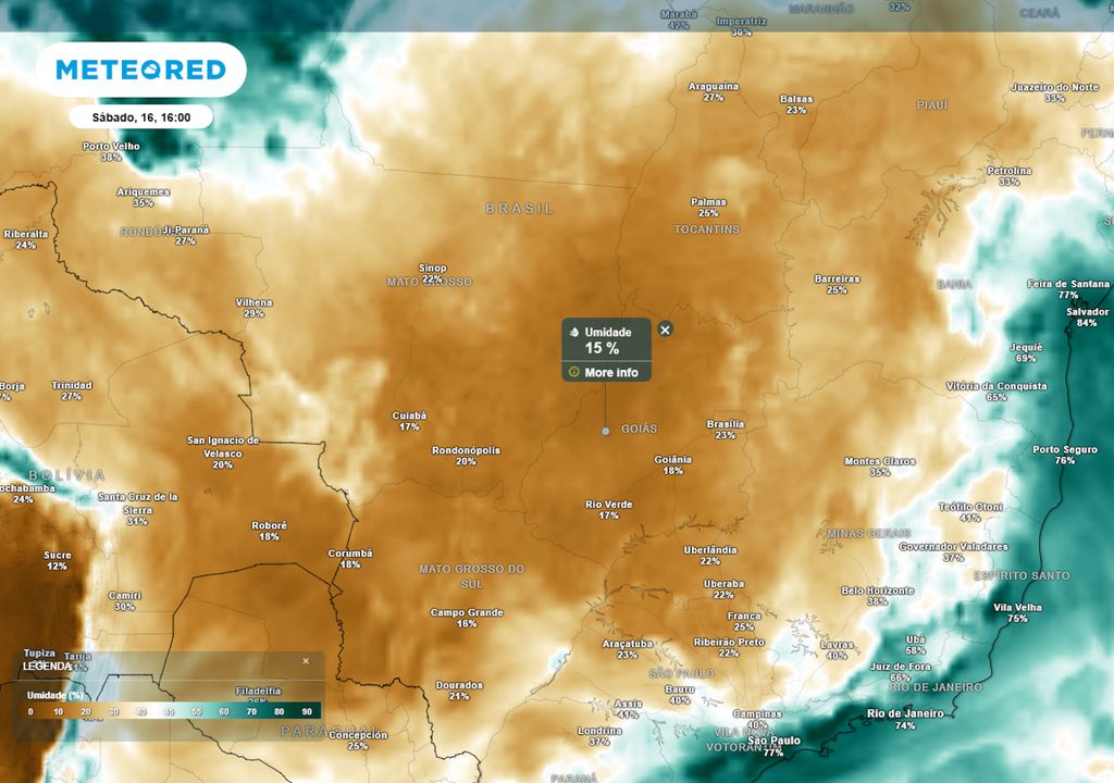 Previsão de umidades relativas mínimas no sábado durante a tarde. Previsão de umidades relativas mínimas no sábado durante a tarde.