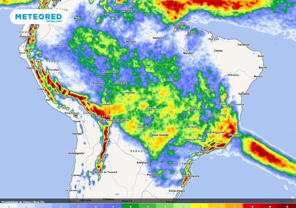 Mapa de Probabilidade de Chuva para domingo (18) de tarde