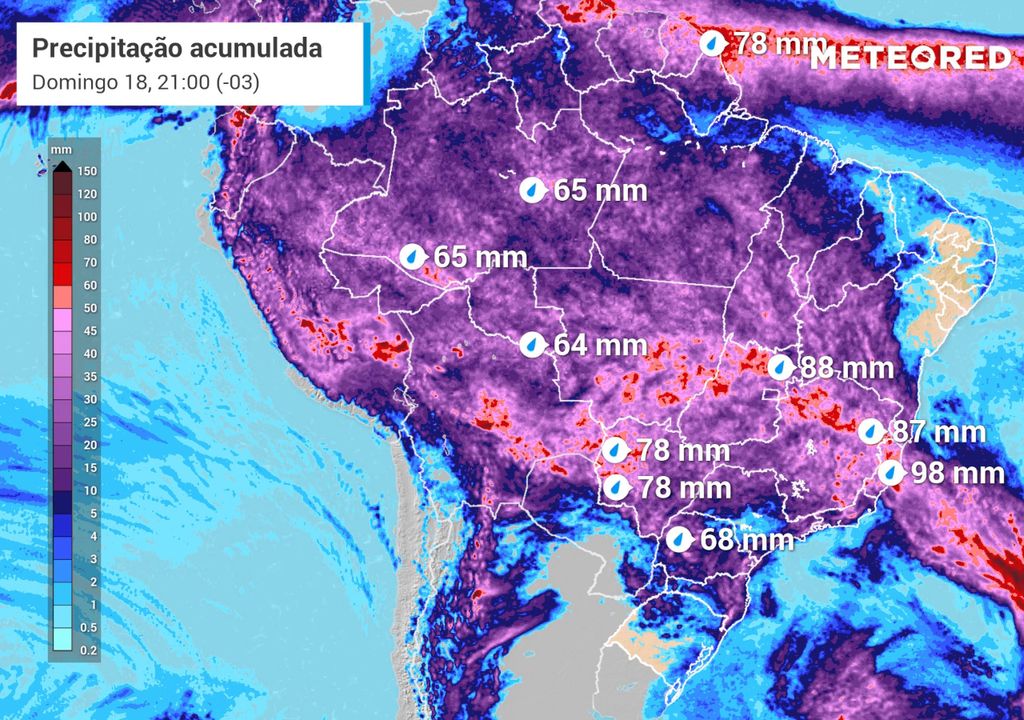 Mapa de Chuva Acumulada até a noite do domingo (18)