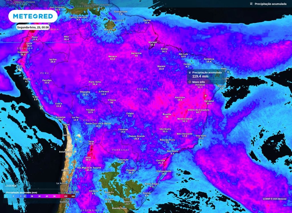 Chuva acumulada entre sexta (20) e domingo (22) indicam volumes superiores a 100 mm no leste da BA e interior de MG.