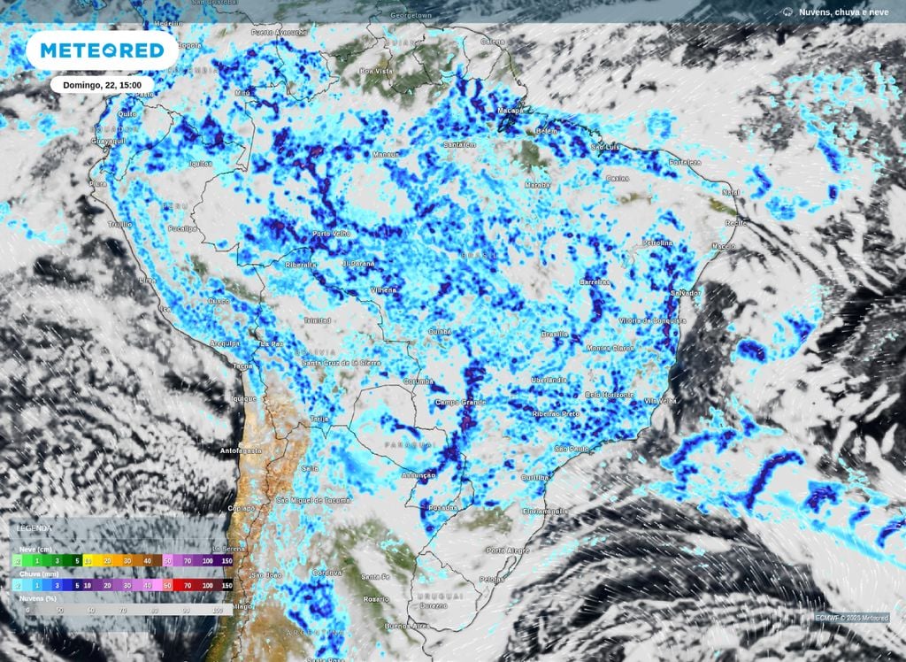 Probabilidade de chuva prevista para a tarde deste domingo (22).