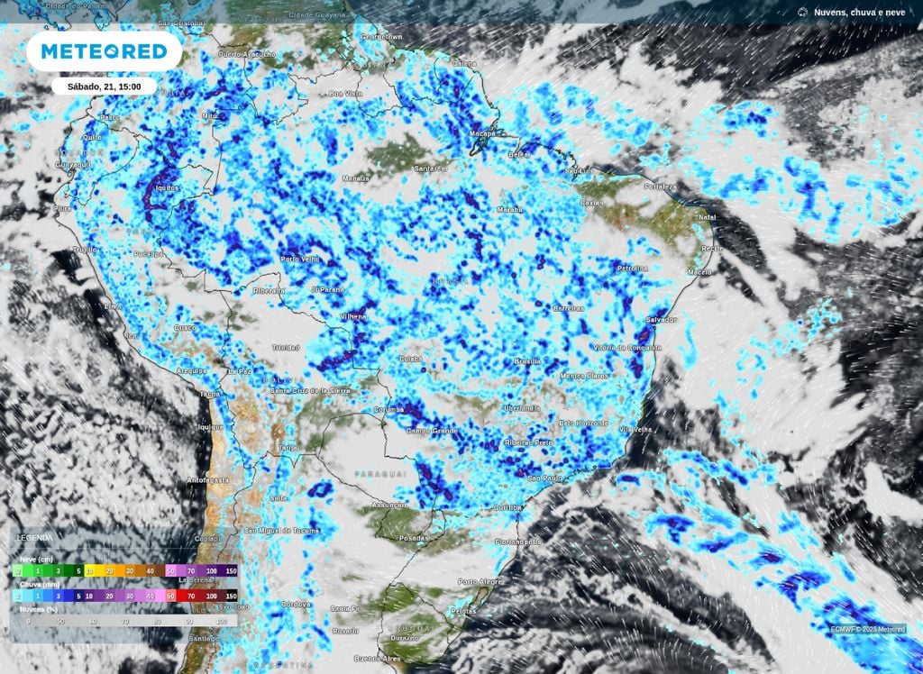 Precipitação e nebulosidade prevista para a tarde desta sábado (21).