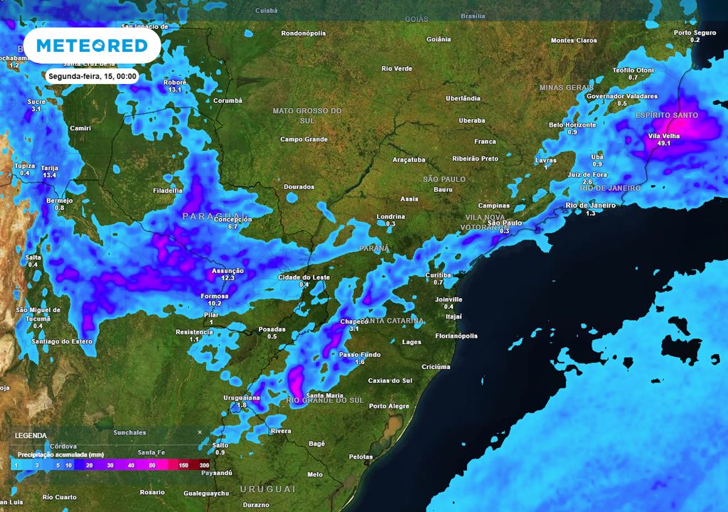 Previsão de acumulados de chuva totais até o final do domingo.