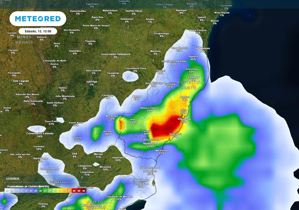 Previsão de probabilidade de chuva no Espírito Santo no sábado durante a tarde.