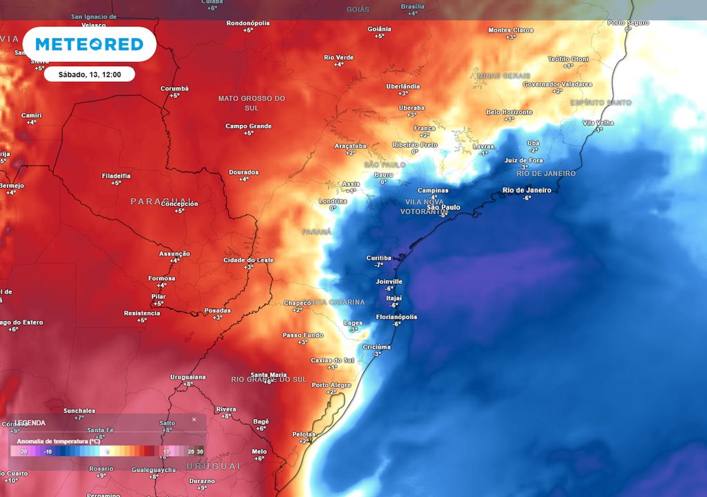 Previsão de anomalias de temperatura em 850 hPa no sábado de tarde.