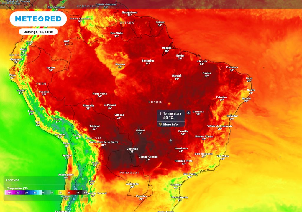 Previsão de temperaturas máximas no domingo durante a tarde.