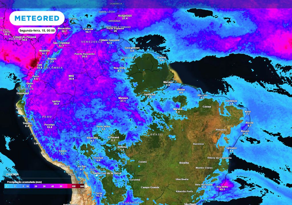 Previsão de acumulados de chuva totais até o final do domingo.