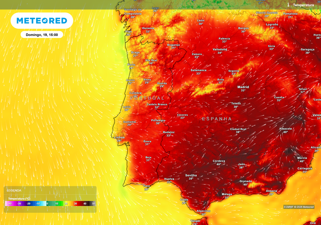 As temperaturas máximas deverão atingir os 31 a 32 ºC em vários pontos do interior, enquanto o litoral continuará mais fresco, com valores entre 24 e 29 ºC.