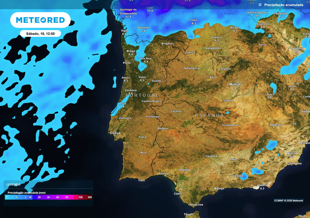 A precipitação deverá manter-se muito reduzida, restringindo-se sobretudo ao litoral Norte e Centro, enquanto o restante território continuará praticamente sem chuva.
