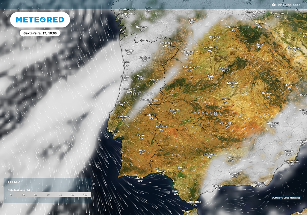 A nebulosidade será mais persistente no litoral Norte e Centro, enquanto o interior e o Sul deverão beneficiar de períodos prolongados de céu pouco nublado ou limpo.