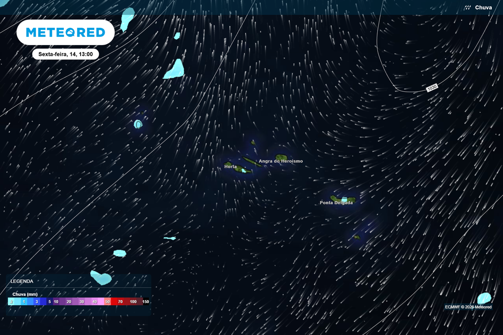 A chuva poderá atingir algumas ilhas dos Açores durante a sexta-feira Precipitação prevista pelo modelo ECMWF para os Açores na sexta-feira, dia 14, pelas 13h. Fonte: Meteored.