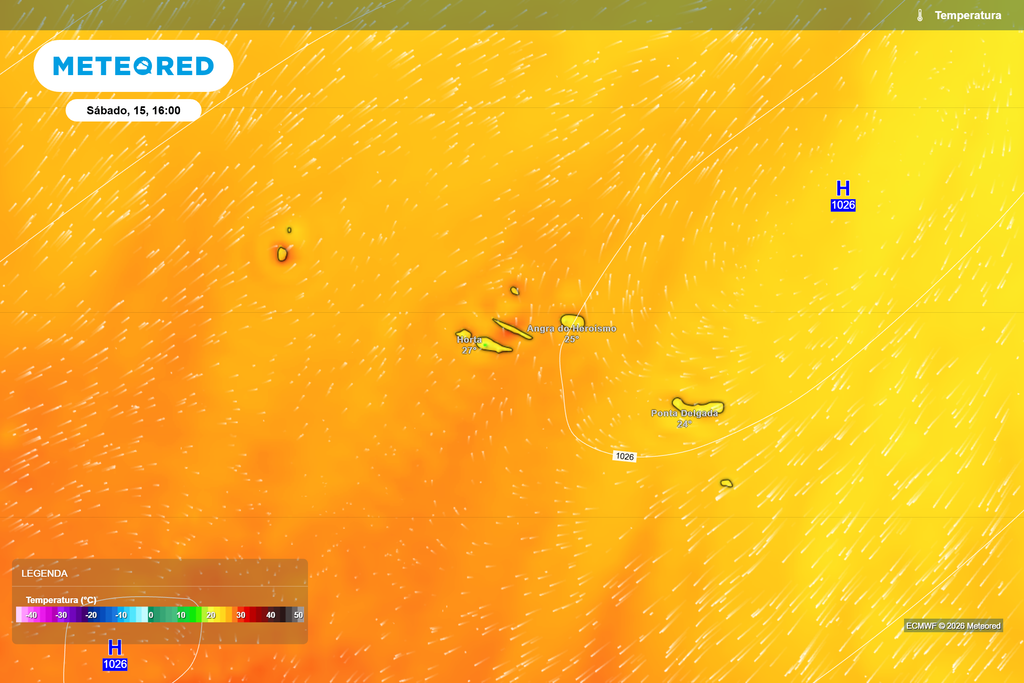 As temperaturas continuarão elevadas nos Açores durante o fim de semana Temperaturas previstas pelo modelo ECMWF para os Açores no sábado, dia 15, pelas 16h. Fonte: Meteored.