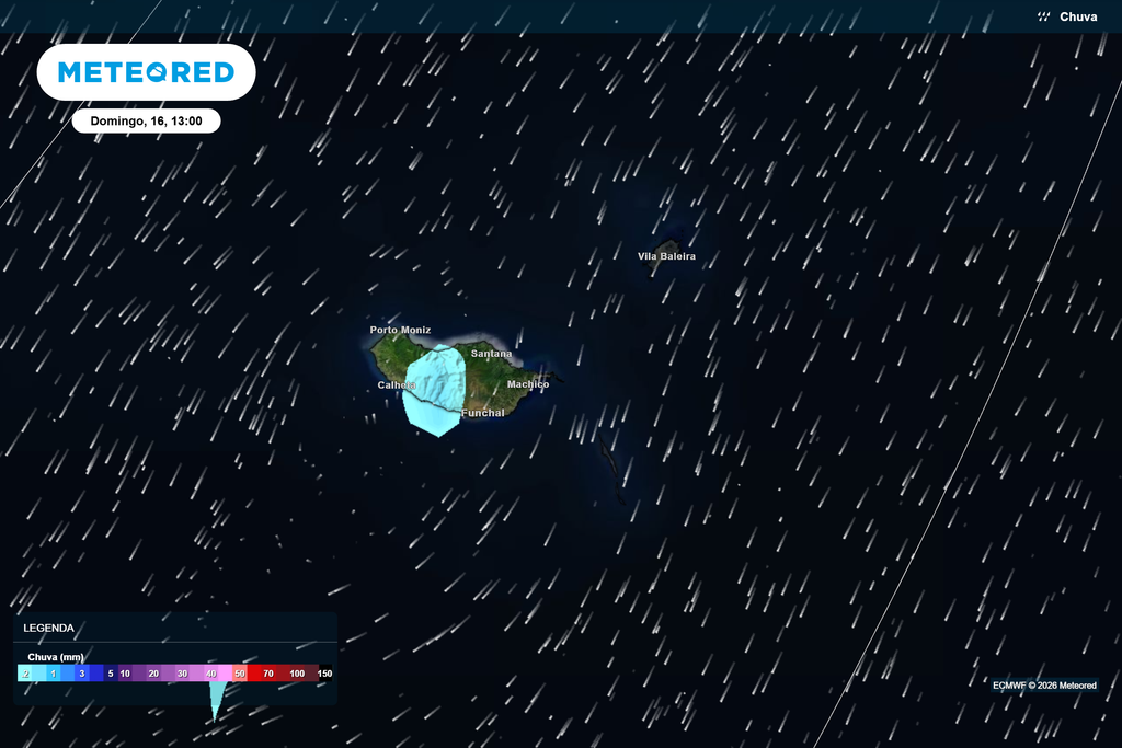 A chuva poderá atingir sobretudo o oeste e o interior da Madeira no domingo Precipitação prevista pelo modelo ECMWF para a Madeira no domingo, dia 16, pelas 13h. Fonte: Meteored.