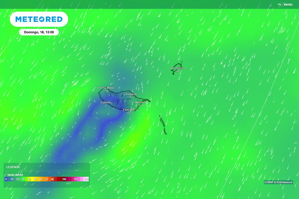 O relevo da Madeira condicionará fortemente a intensidade do vento Velocidade e circulação do vento previstas pelo modelo ECMWF para a Madeira no domingo, dia 16, pelas 13h. Fonte: Meteored.