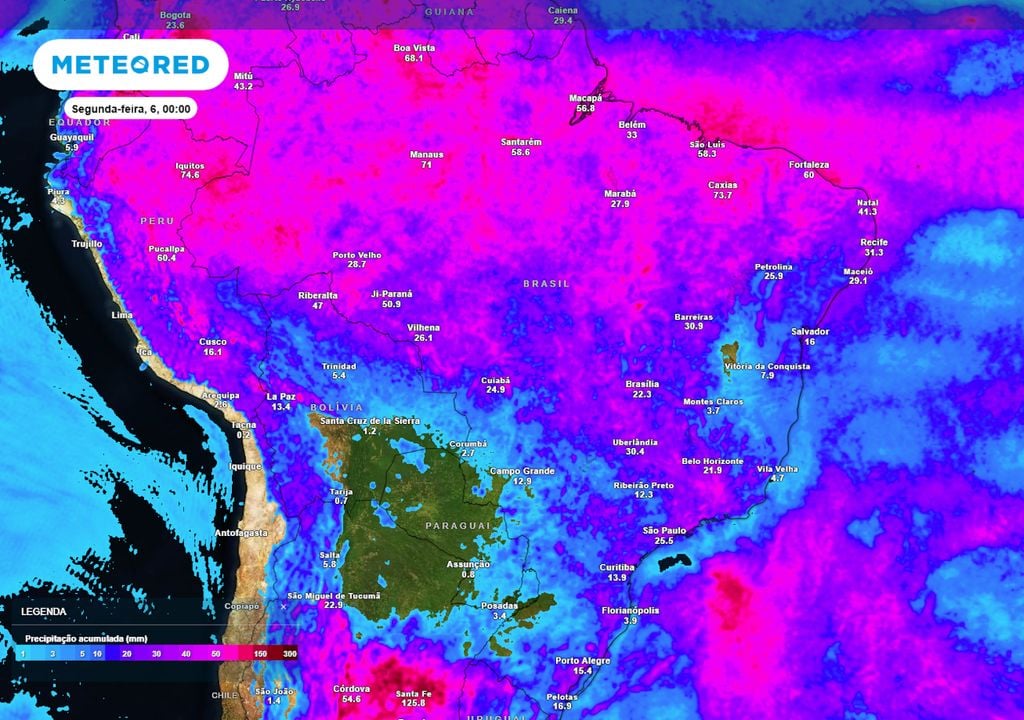 Previsão de acumulados totais de chuva até o final do domingo ilustra estados que serão mais afetados pelas chuvas ao longo dos próximos dias e do feriado de páscoa.