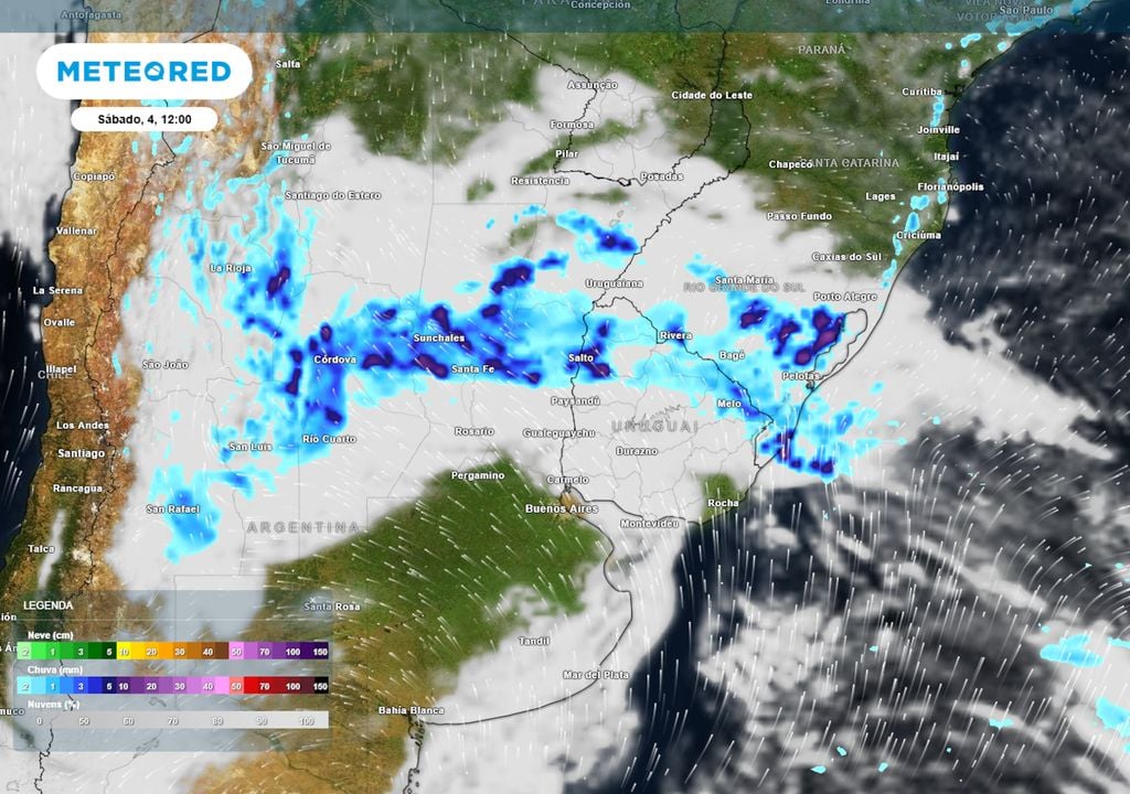 Previsão de ventos, nebulosidade e chuva no sábado mostram uma frente fria começando a avançar pelo Brasil neste final de semana, causando pancadas de chuva moderadas sobre a região Sul.