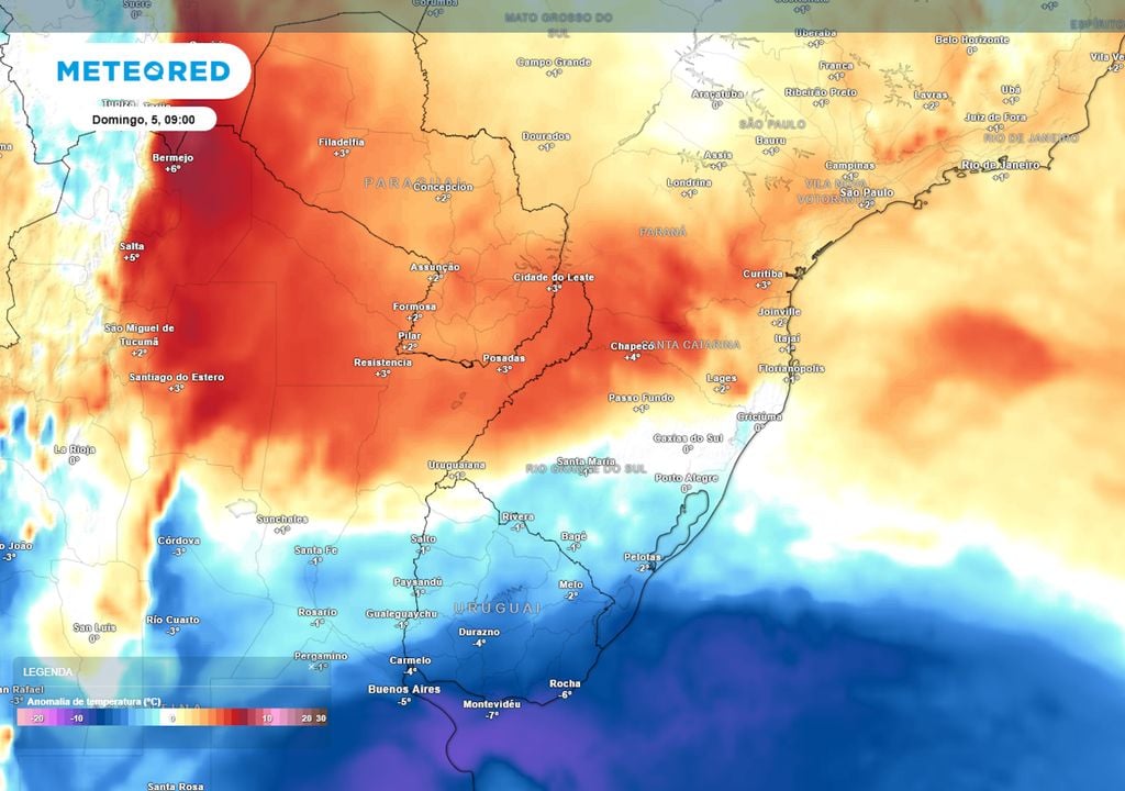 Previsão de anomalias de temperatura no domingo durante a manhã mostra que uma massa de ar frio fará as temperaturas caírem em parte do RS, mas não avança para outros estados.