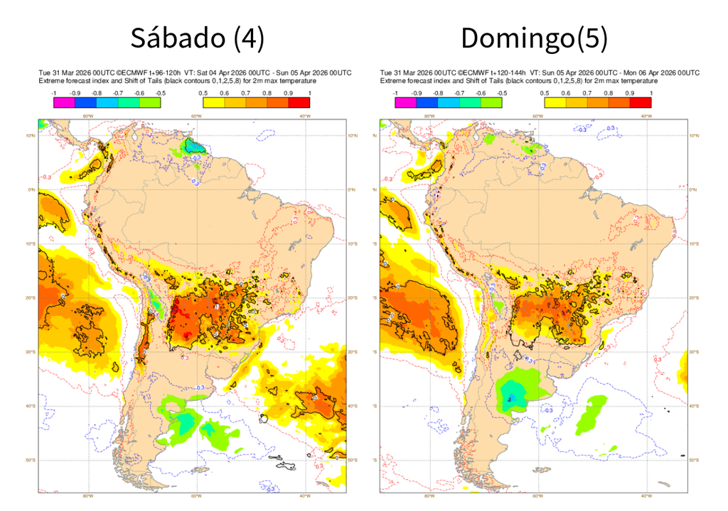 EFI do ECMWF para temperatura máxima no fim de semana. Créditos: Meteored/Adaptado de ECMWF.