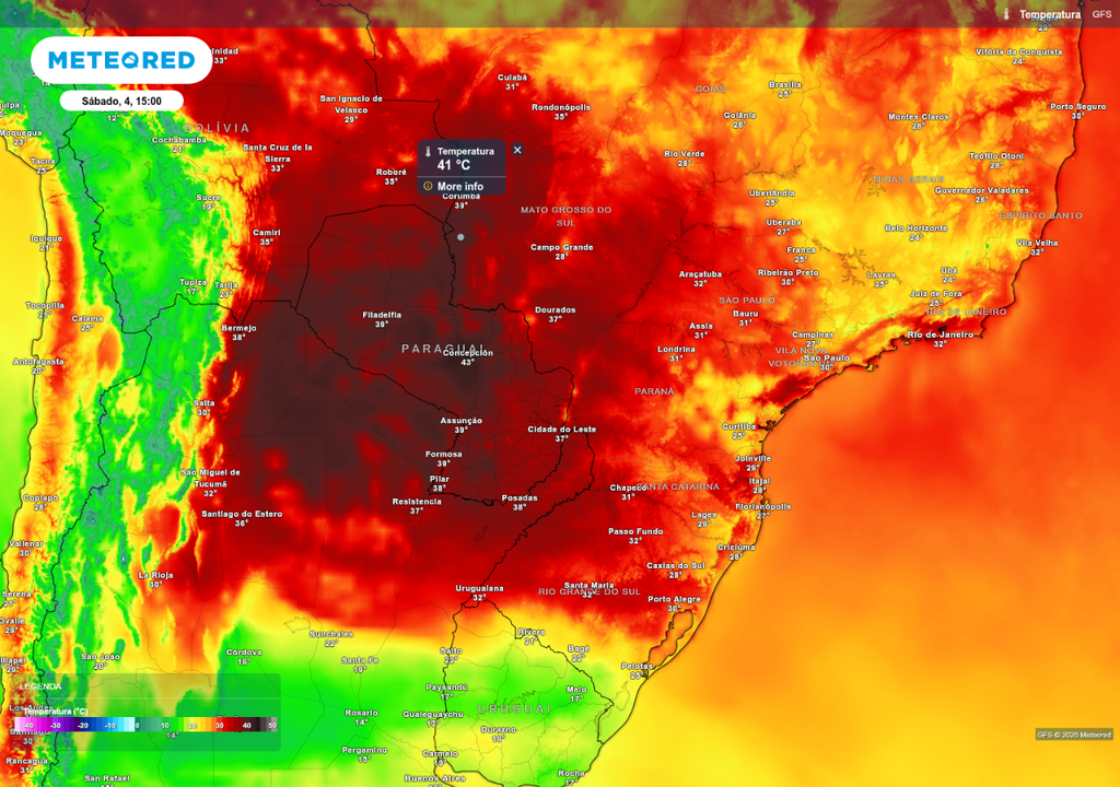 Previsão de temperatura máxima no sábado (4), de acordo com o GFS.
