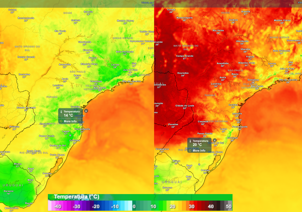 Previsão de temperatura mínima (esquerda) e máxima (direita) no domingo de Páscoa (5), de acordo com o ECMWF.