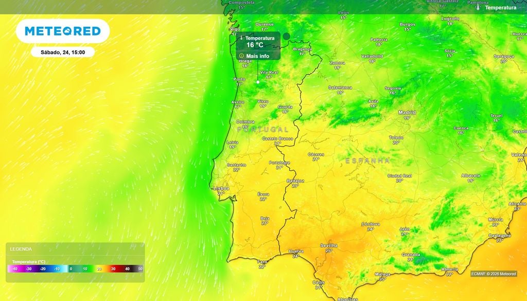 temperatura do ar à superfície Entre hoje e domingo as temperaturas deverão manter-se contidas em todo o país, ainda que no Norte a maior parte das capitais de distrito registe valores máximos abaixo dos 20 ºC. Já no Sul, os valores poderão chegar aos 23 ºC.