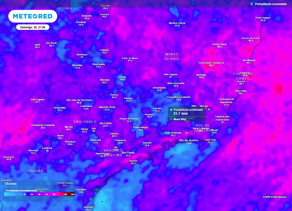 Previsão do acumulado de chuva entre a sexta-feira (17) e domingo (20) para o Sudeste, de acordo com o ECMWF. Previsão do acumulado de chuva entre a sexta-feira (17) e domingo (20) para o Sudeste, de acordo com o ECMWF.