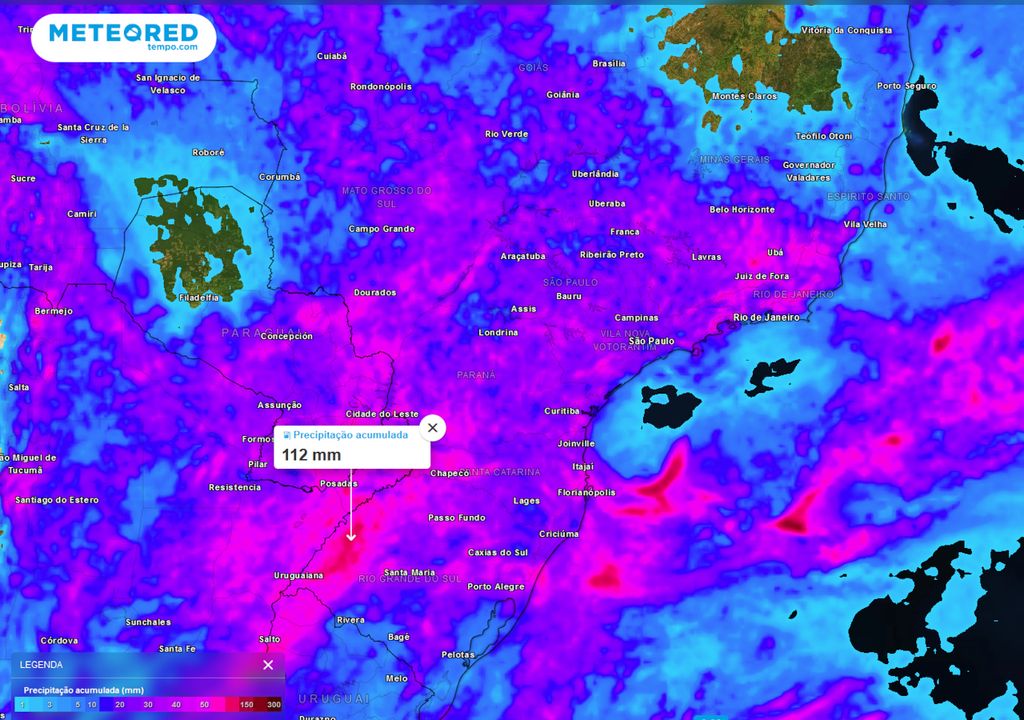 Mapa de acumulados totais de chuva previstos até o final do domingo (10)