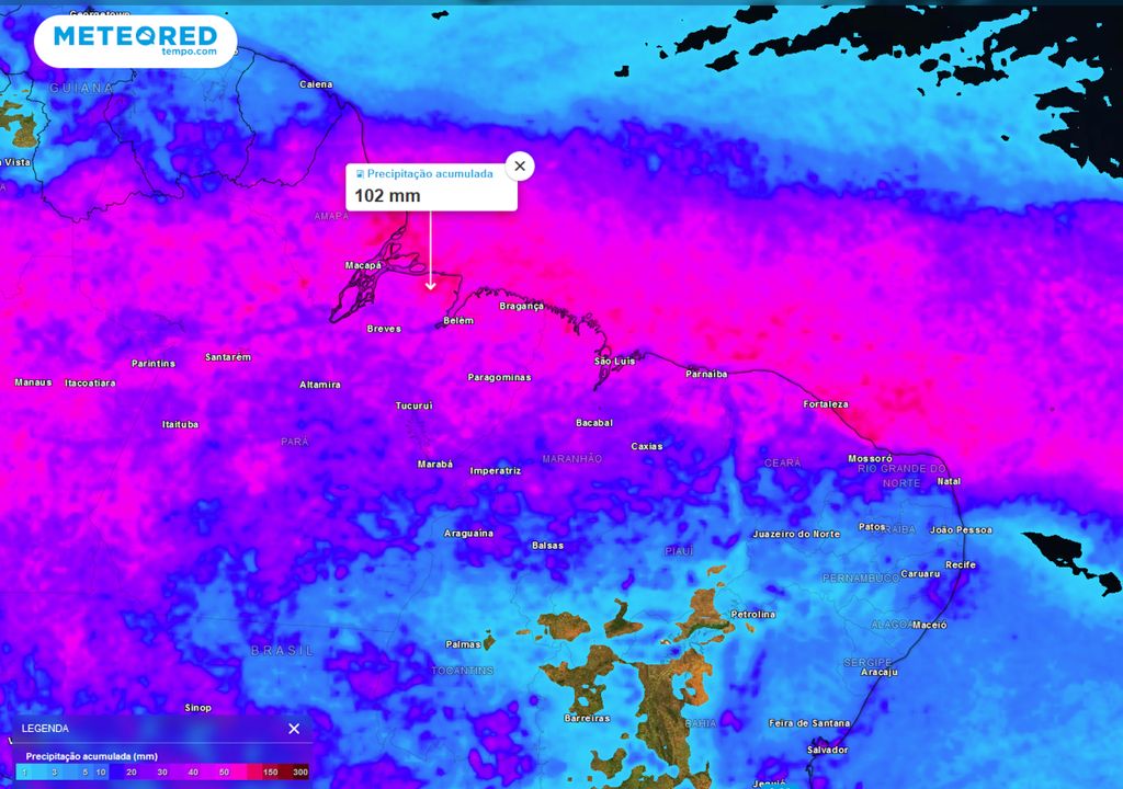 Mapa de acumulados totais de chuva previstos até o final do domingo (10)