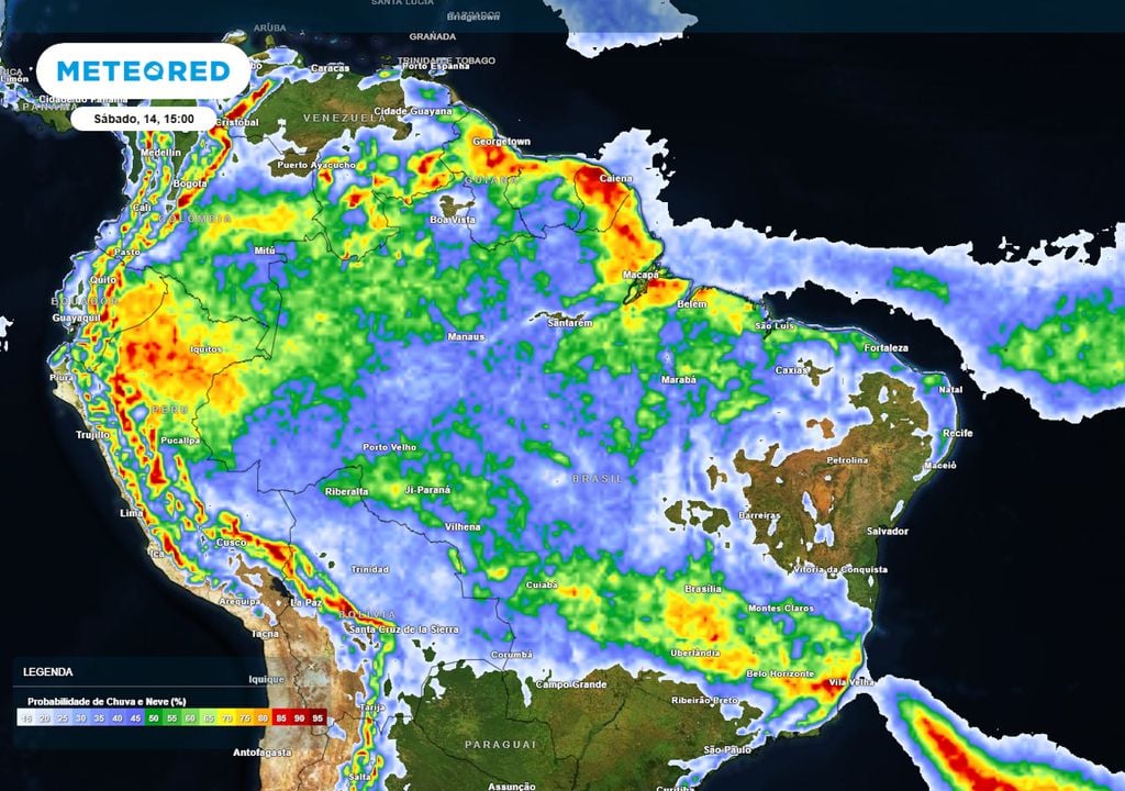 Previsão de probabilidade de chuvas no sábado durante a tarde mostra probabilidade de chuva em grande parte da região Norte, do litoral norte e parte do Nordeste neste final de semana.