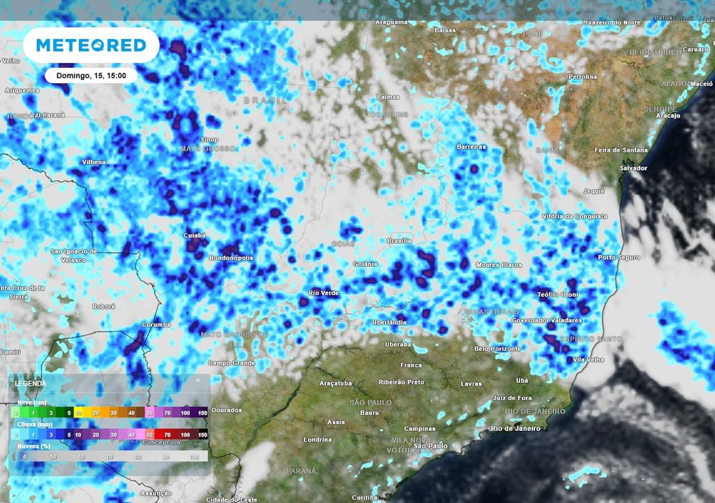 Previsão de nebulosidade e chuva no domingo durante a tarde mostra que uma faixa de nebulosidade e chuvas intensas ainda continuará atuando sobre parte do Sudeste e Centro-Oeste.