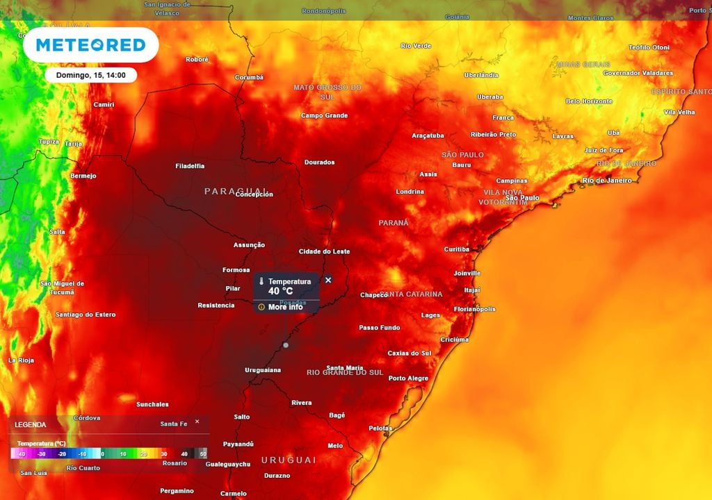 Previsão de temperaturas máximas no domingo durante a tarde mostra que as temperaturas em vários municípios da região Sul podem chegar a até 40°C ao longo deste final de semana.