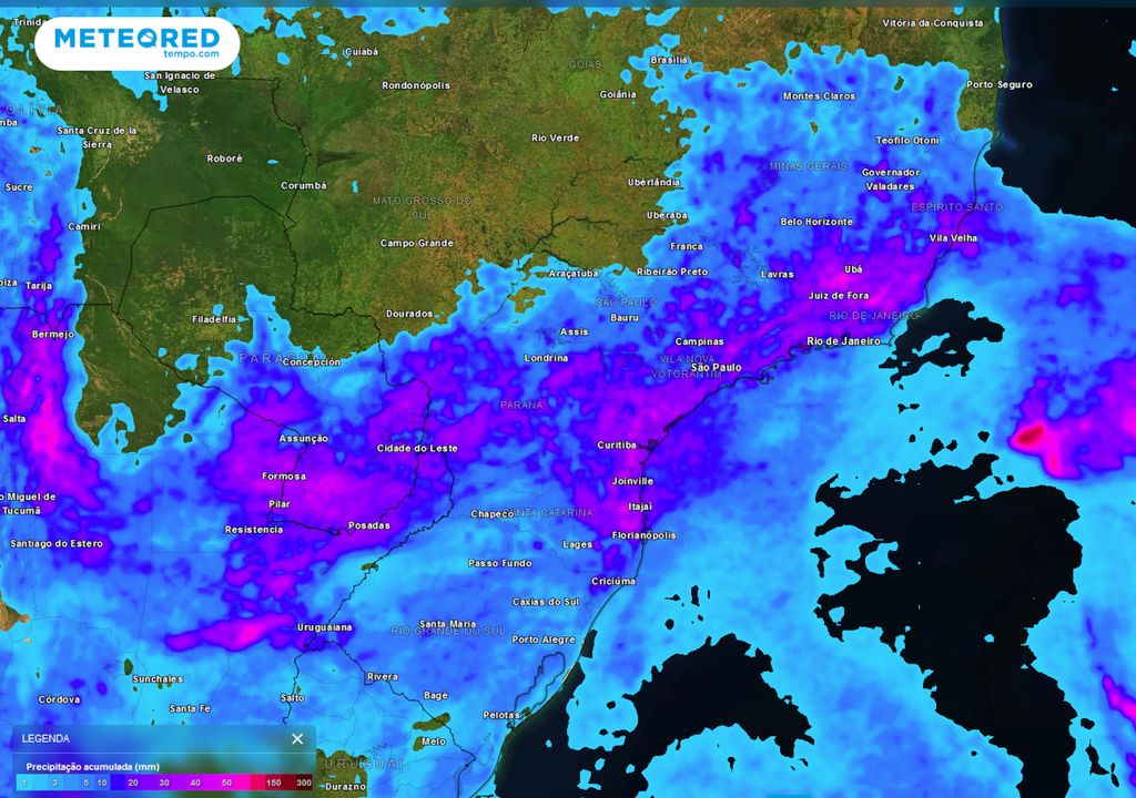 Previsão de aumulados totais de chuva até sexta-feira (01)