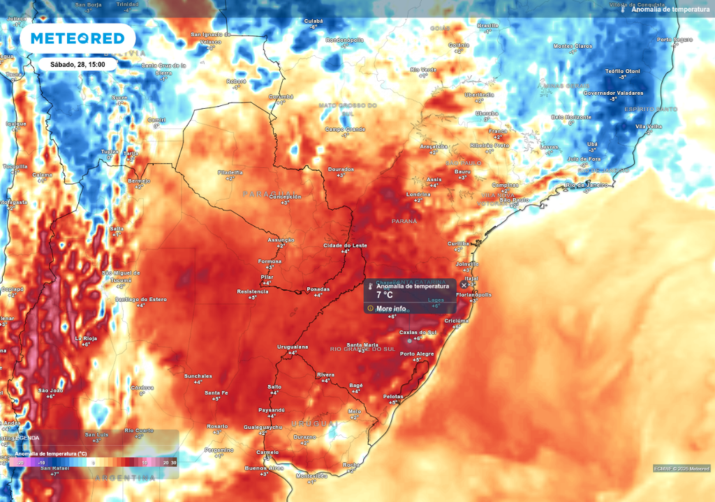 Previsão de anomalia de temperatura máxima no sábado (28), de acordo com o ECMWF.