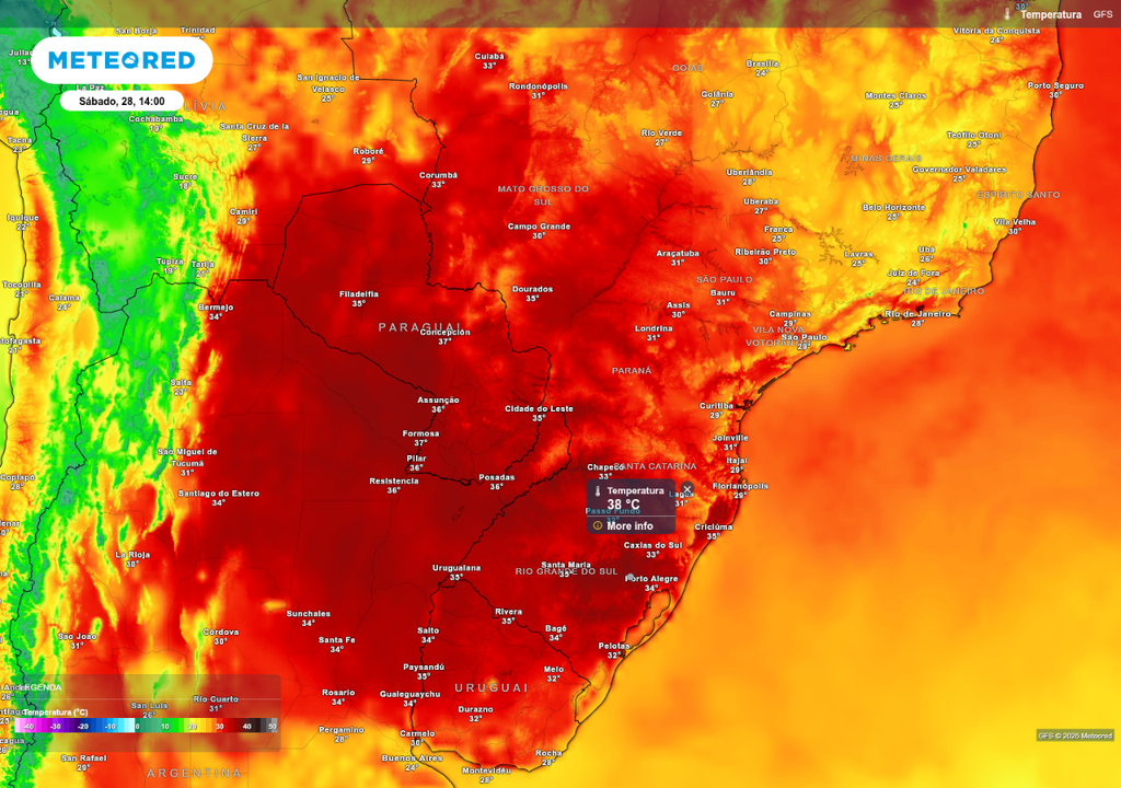 Previsão de temperatura máxima no sábado (28), de acordo com o GFS.
