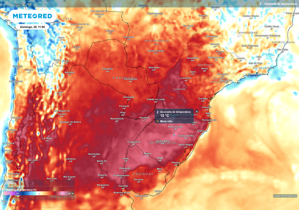 Previsão de anomalia de temperatura na manhã de domingo (29), de acordo com o ECMWF.