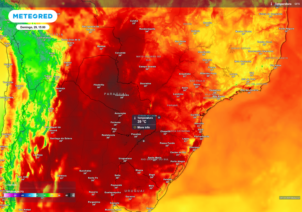 Previsão de temperatura máxima no domingo (29), de acordo com o GFS.