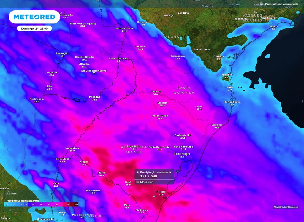 Previsão de precipitação acumulada entre a sexta (22) e o domingo (24).