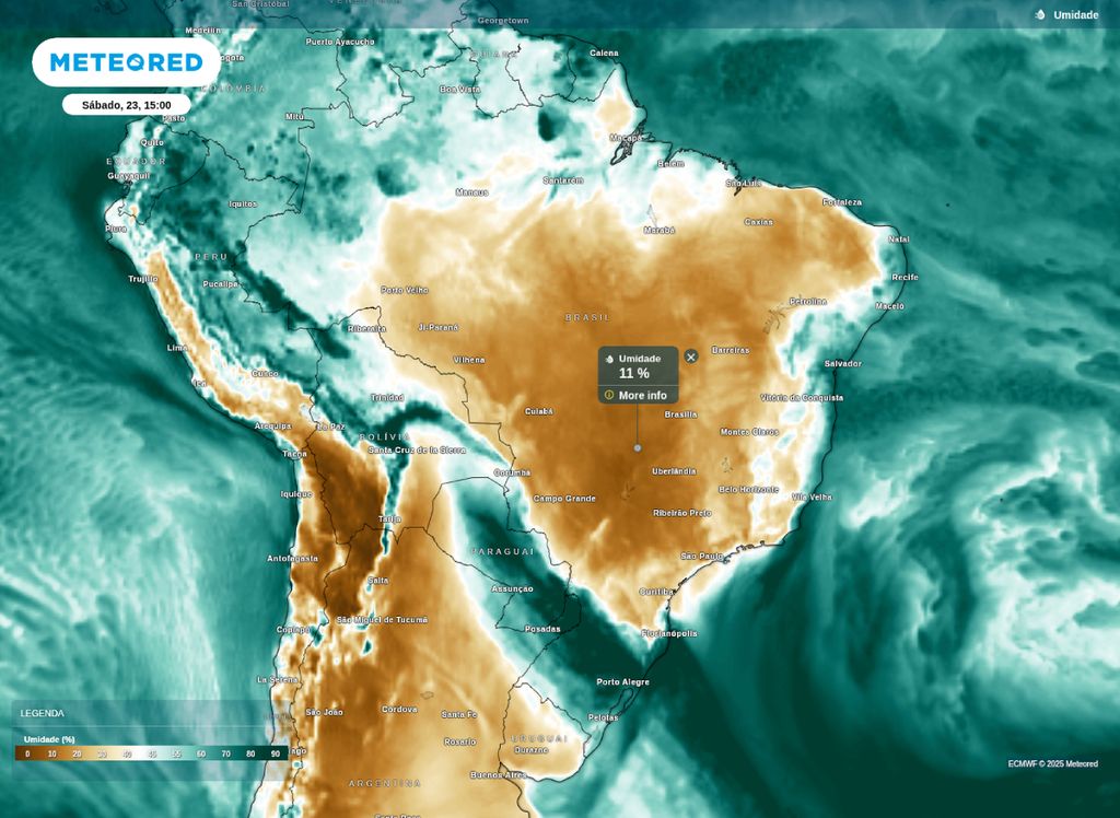 Previsão de umidade relativa do ar na tarde deste sábado (23).