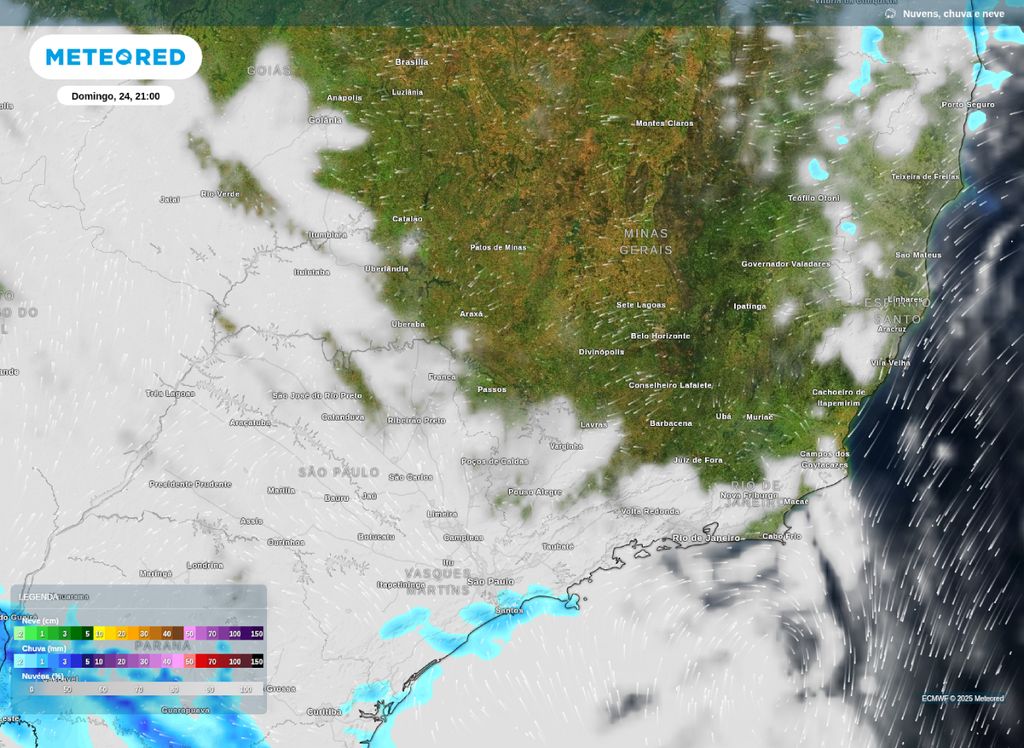 Previsão de nebulosidade e precipitação para a noite de domingo (24) na Região Sudeste.