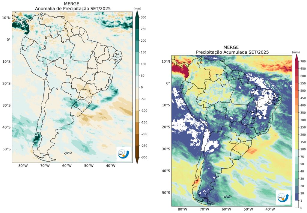 Anomalia mensal de precipitação (esquerda) e precipitação total (direita) em setembro de 2025. Créditos: CPTEC/INPE. Anomalia mensal de precipitação (esquerda) e precipitação total (direita) em setembro de 2025. Créditos: CPTEC/INPE.
