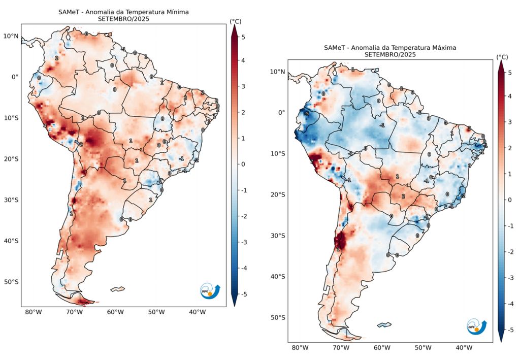 Anomalia mensal de temperatura mínima (esquerda) e máxima (direita) em setembro de 2025. Créditos: CPTEC/INPE. Anomalia mensal de temperatura mínima (esquerda) e máxima (direita) em setembro de 2025. Créditos: CPTEC/INPE.