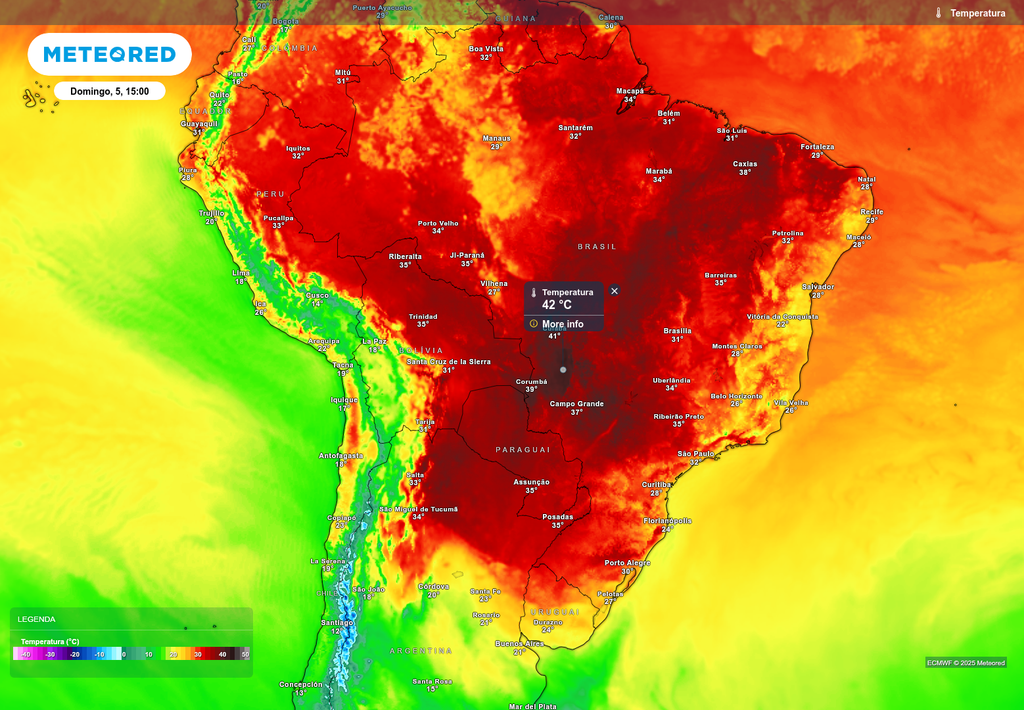 Previsão de temperatura máxima neste domingo (5), de acordo com o ECMWF. Previsão de temperatura máxima neste domingo (5), de acordo com o ECMWF.