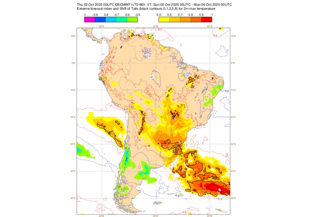EFI do ECMWF para temperatura máxima neste domingo (5). Créditos: ECMWF. EFI do ECMWF para temperatura máxima neste domingo (5). Créditos: ECMWF.