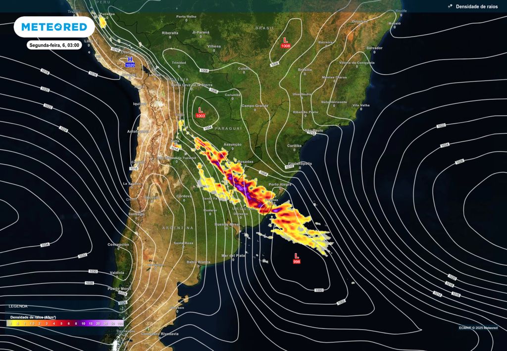 Previsão de formação de ciclone (representado pela letra L dentro das linhas) e tempestades nesta segunda-feira (6) de acordo com o ECMWF. Previsão de formação de ciclone (representado pela letra L dentro das linhas) e tempestades nesta segunda-feira (6) de acordo com o ECMWF.